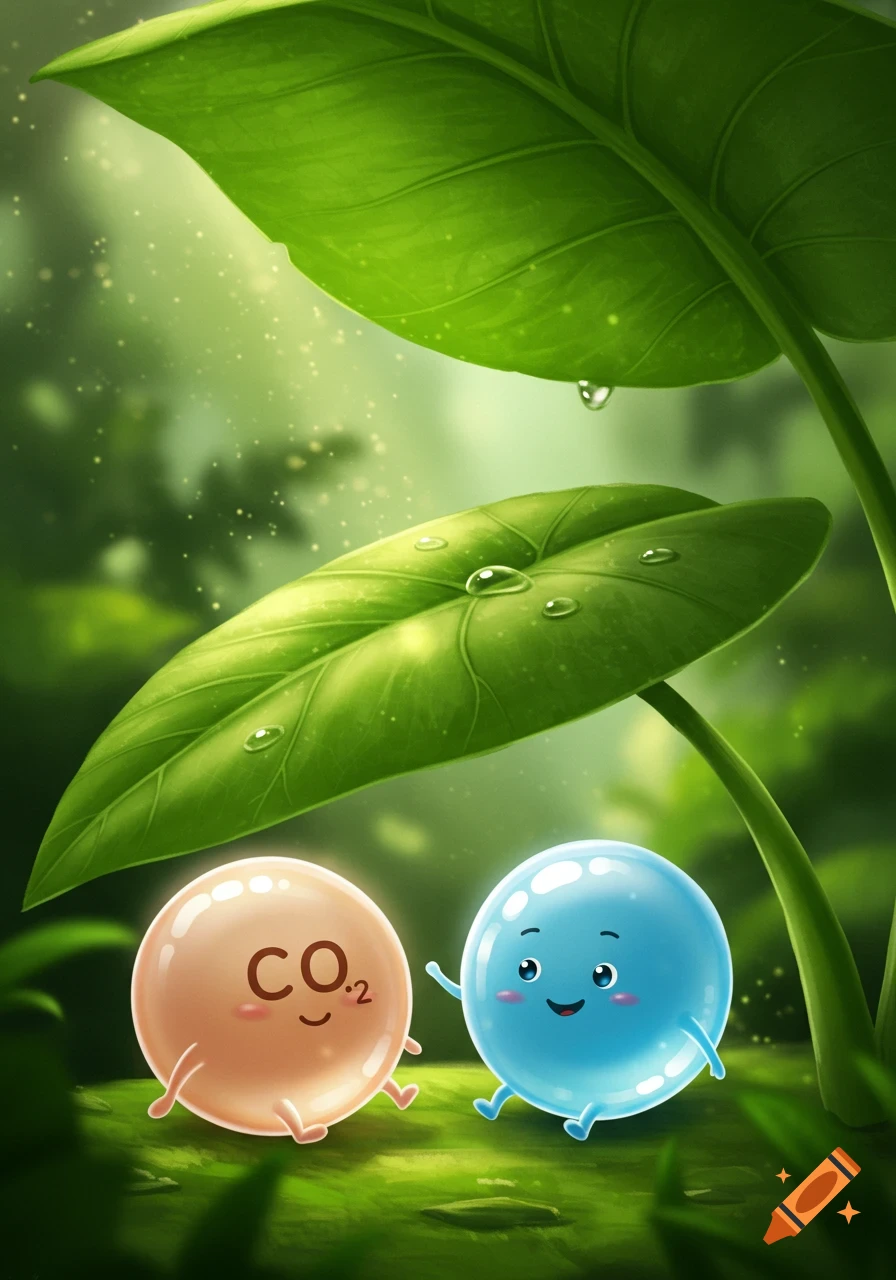 A cute cartoon peach CO₂ bubble and a blue bubble sit under a large green leaf with water droplets, smiling and waving.