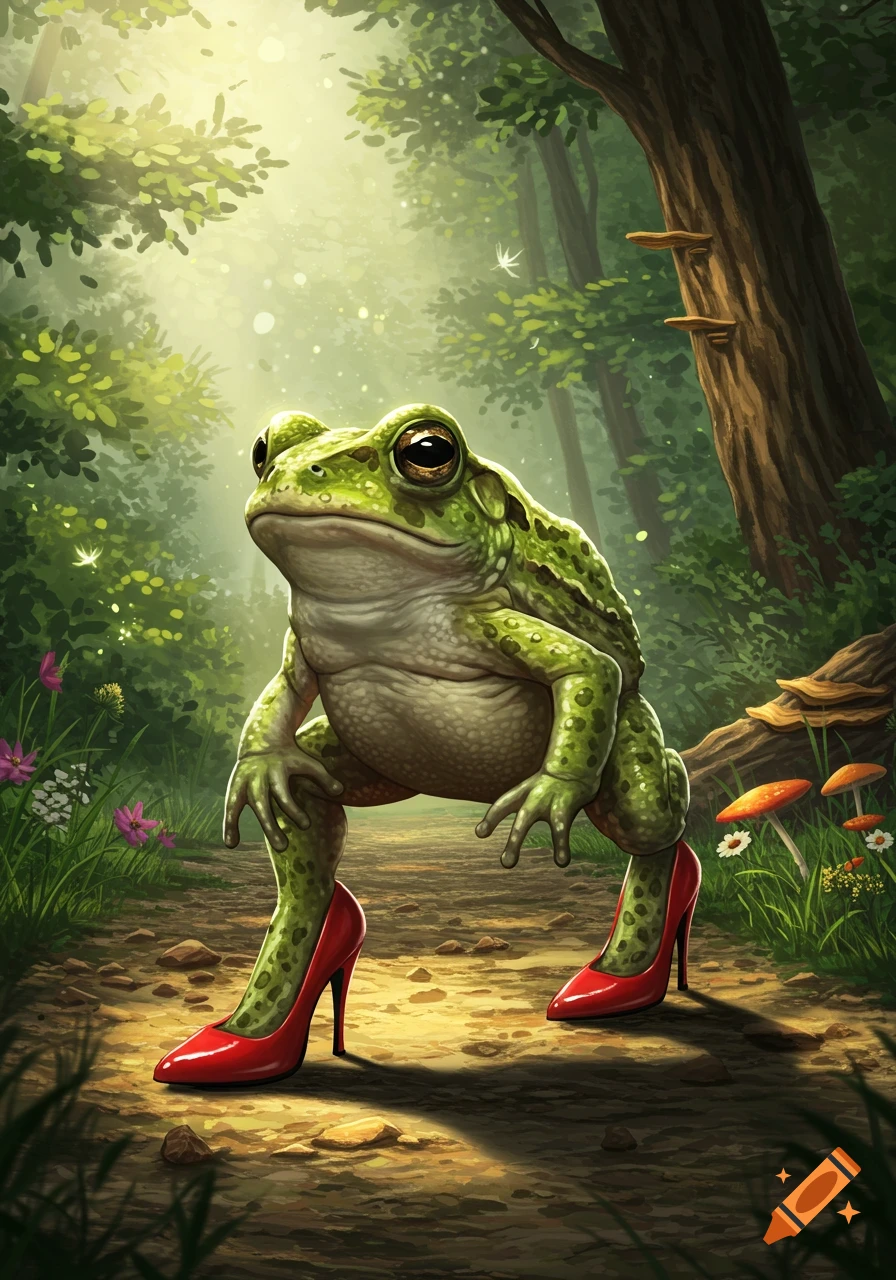 A large green toad stands upright on a forest path, wearing shiny red high heels in a digital painting style.