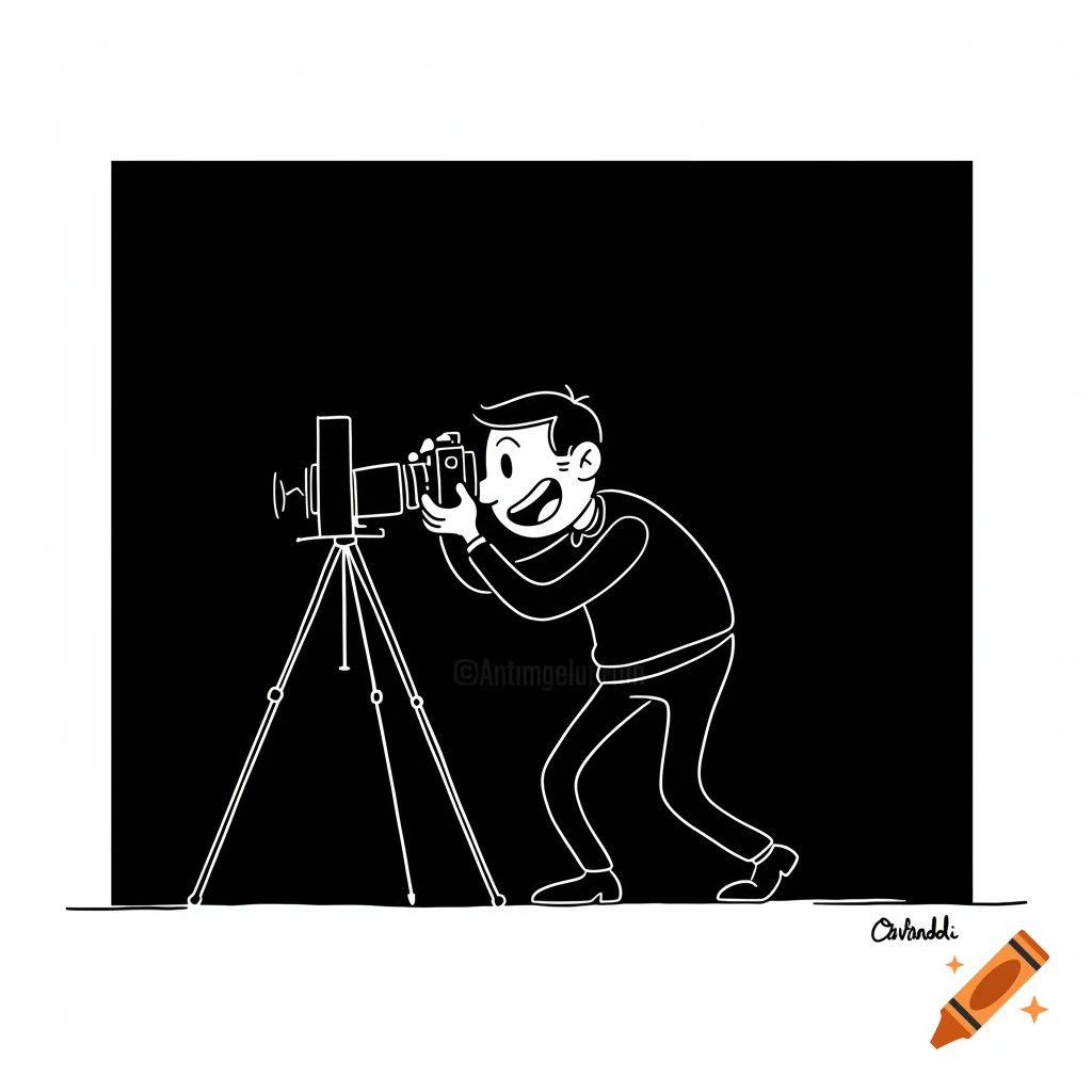 A minimalist cartoon man in 'La Linea' style photographs with a camera on a tripod against a black background.