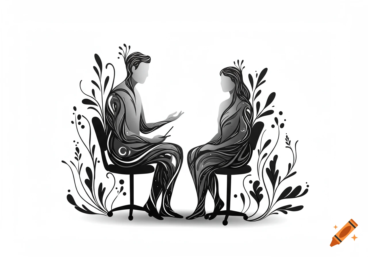 Abstract black and white illustration of two stylized figures, a man and a woman, sitting in chairs facing each other, surrounded by flowing organic patterns.