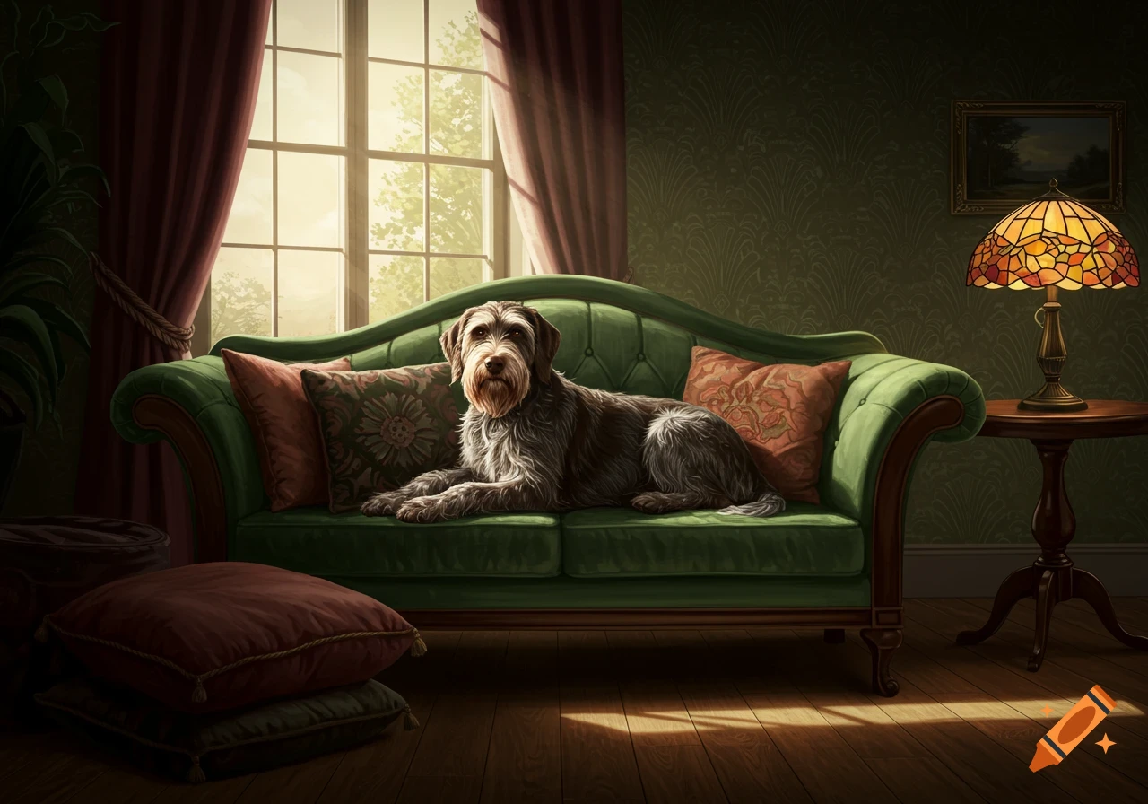 A scruffy grey and brown dog with a beard rests on a green velvet couch in a warm, traditionally decorated living room.