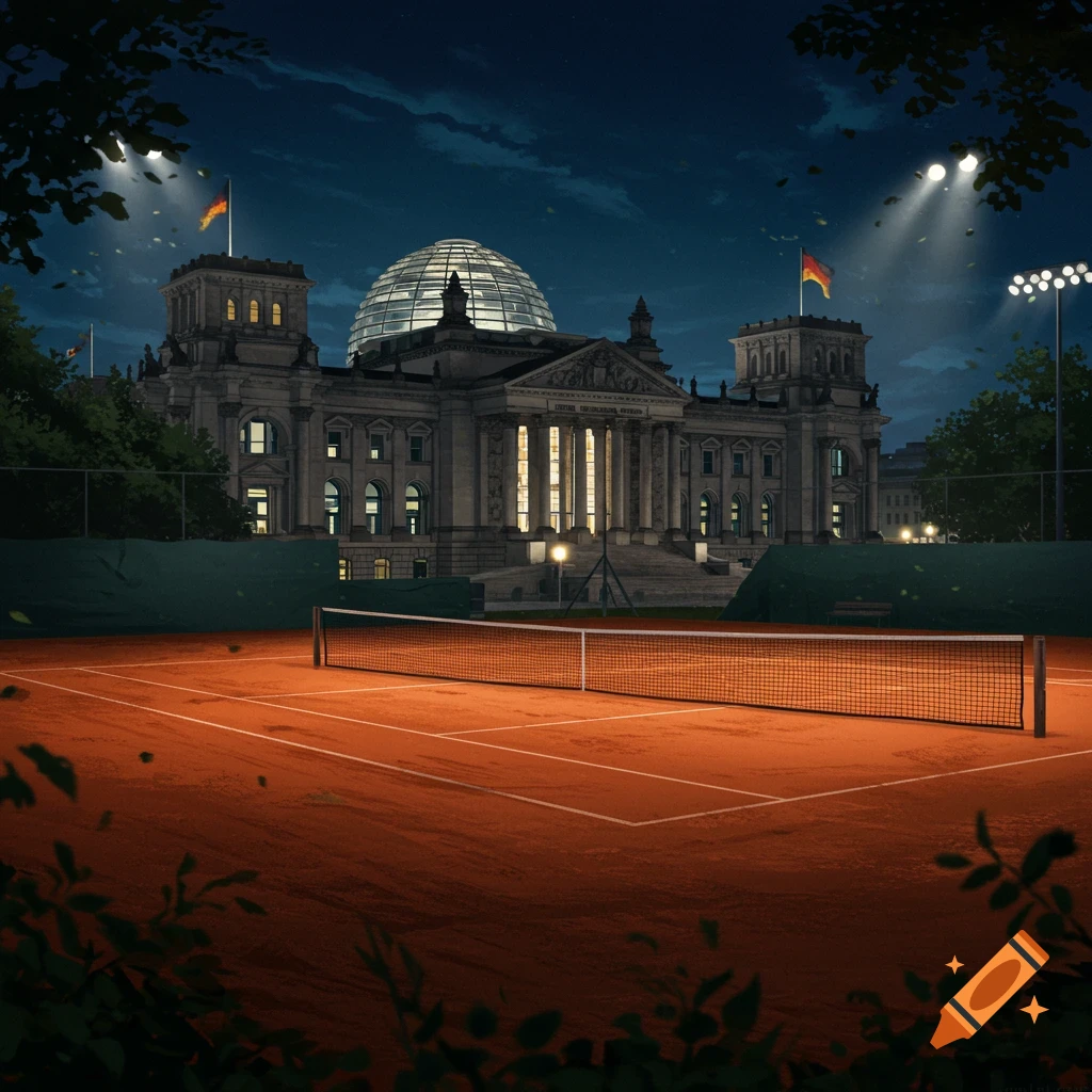 An illuminated clay tennis court at night with the German Bundestag and its glass dome in the background.