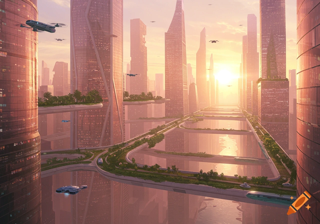 A vibrant futuristic cityscape at sunrise, with towering skyscrapers, elevated green pathways, and flying vehicles.