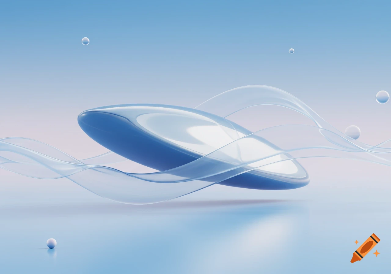 A blue, glossy capsule with translucent ribbons and floating bubbles on a light blue gradient background, in Frutiger Aero style.