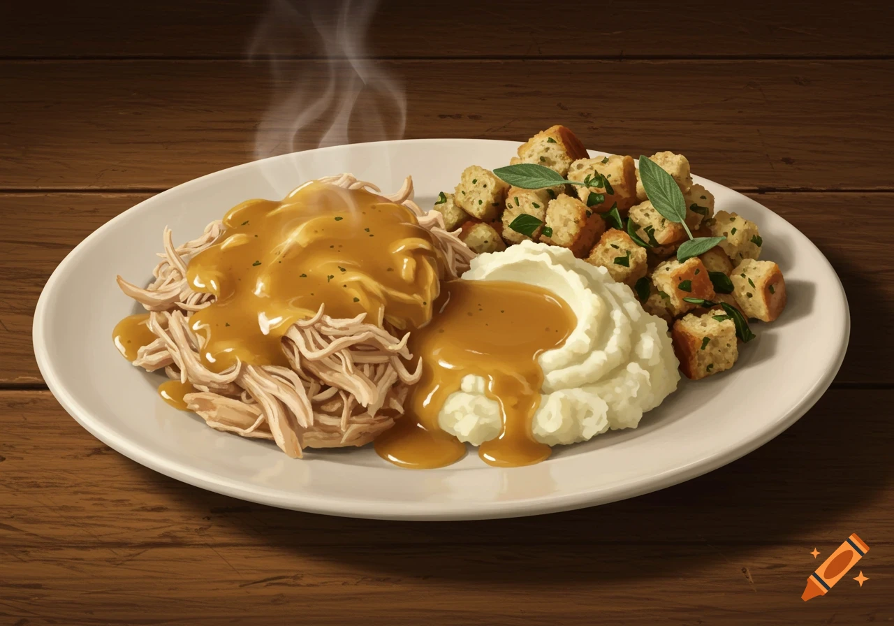 A plate of hot shredded chicken with gravy, mashed potatoes, and stuffing on a wooden table, digital painting.