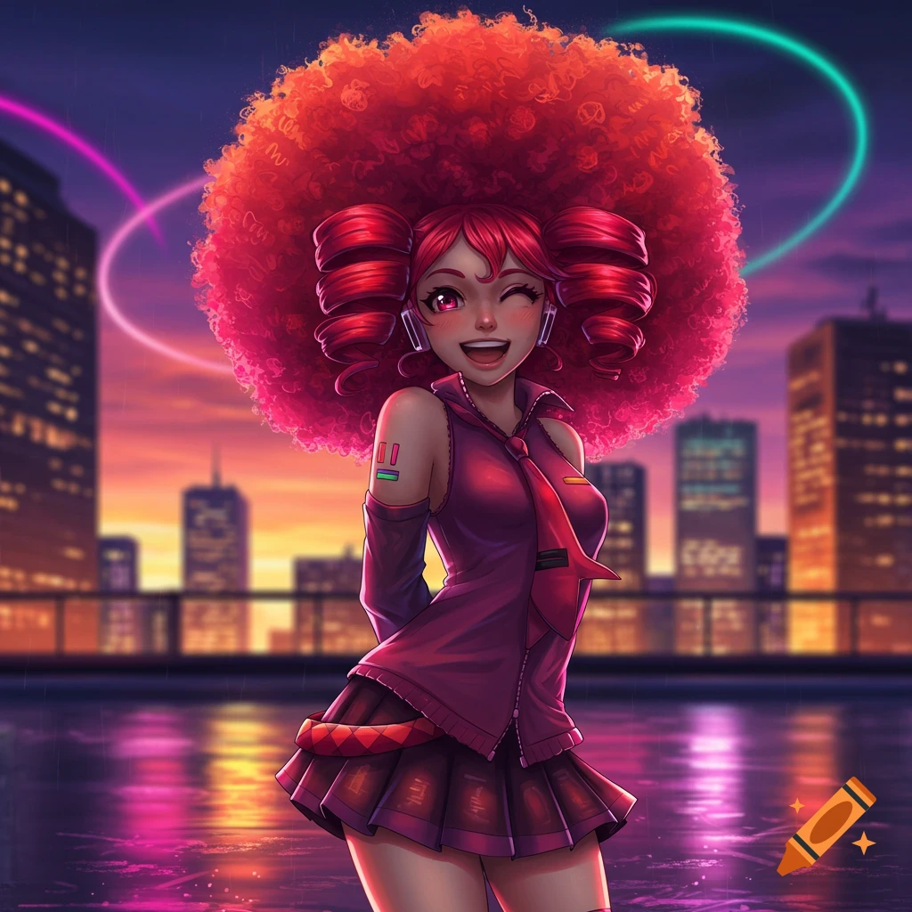 A red-haired anime girl with a huge afro and twin pigtails winks and smiles in a vibrant city sunset.