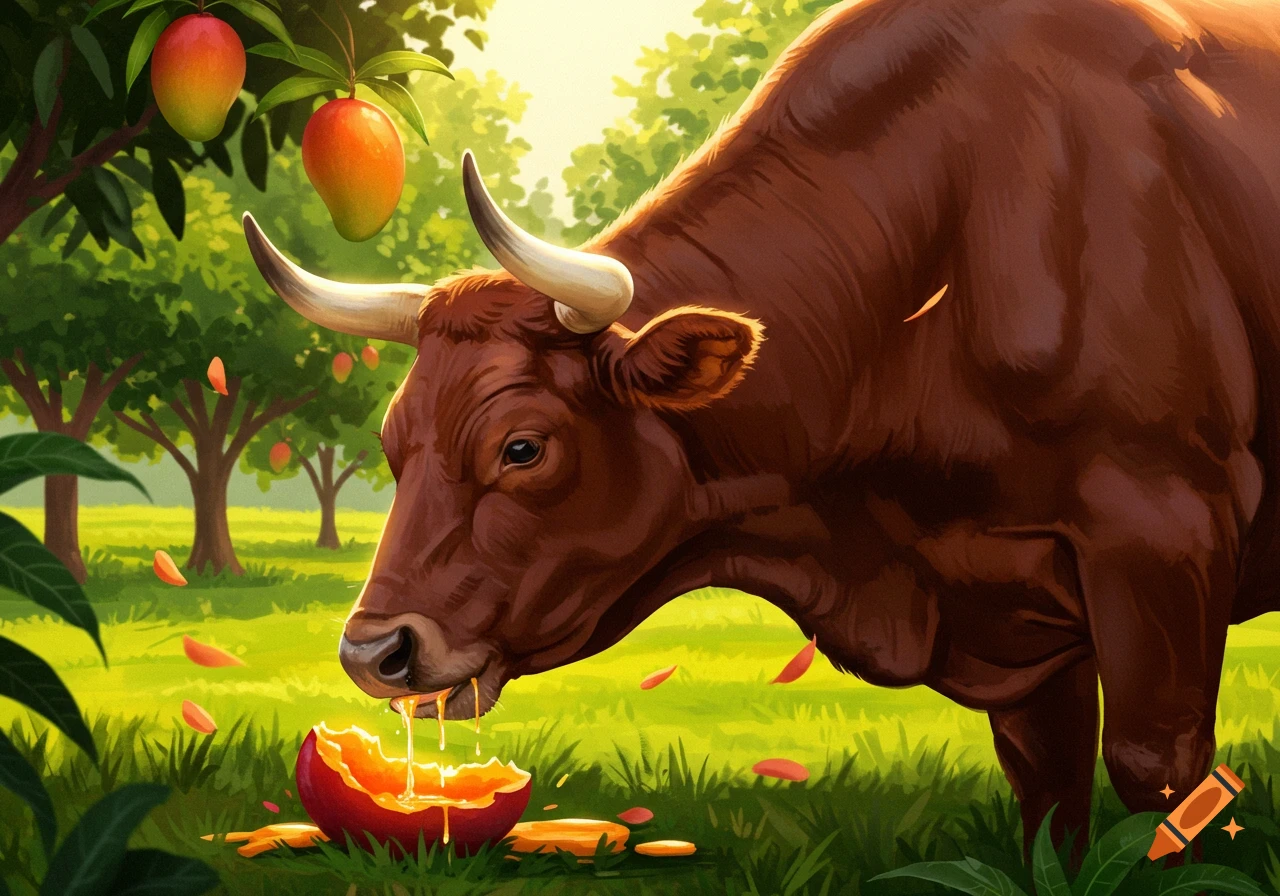 A brown ox with horns eats a split mango, with juice dripping, under a mango tree in a sunny, green field.