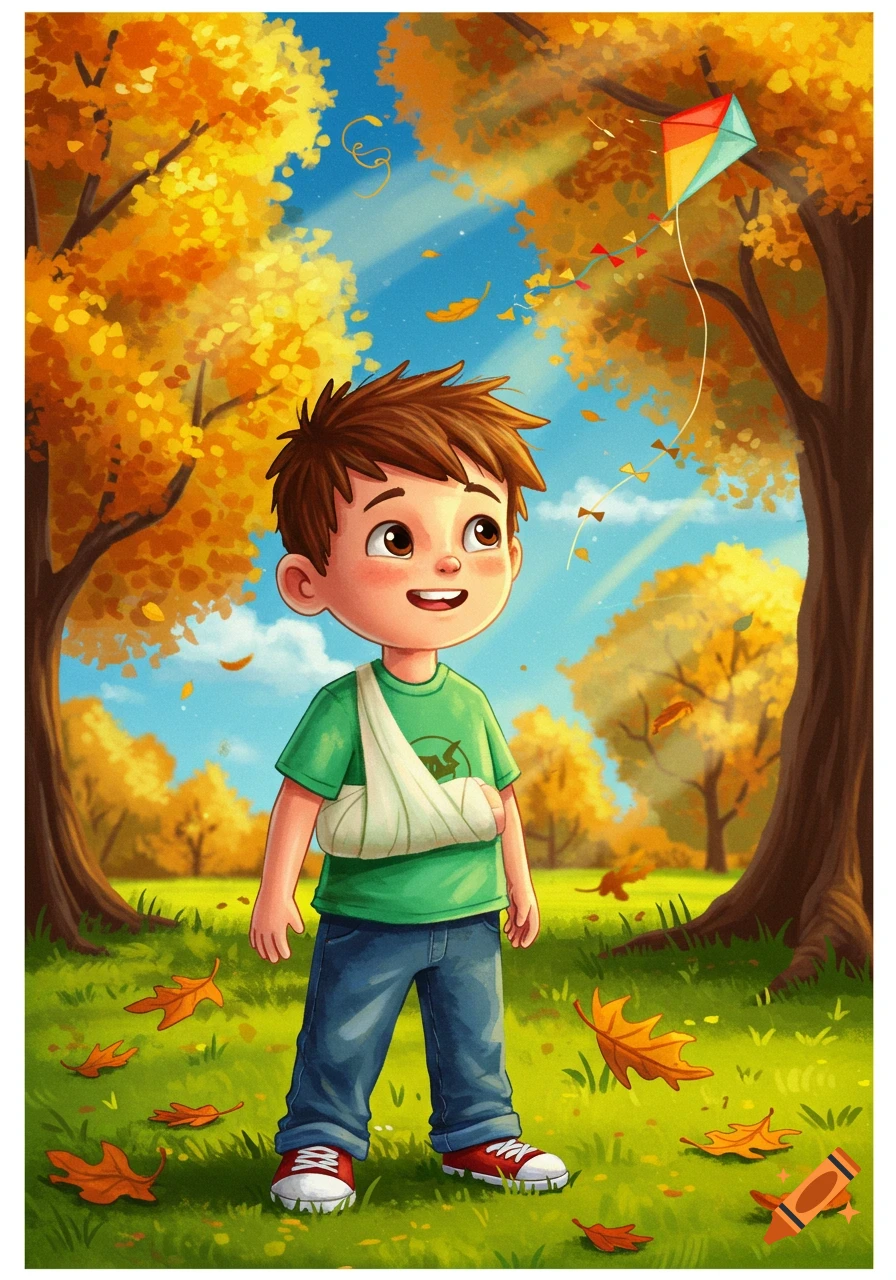 A cartoon boy with a broken arm in a sling stands in an autumn park, looking up at a colorful kite flying above golden trees.