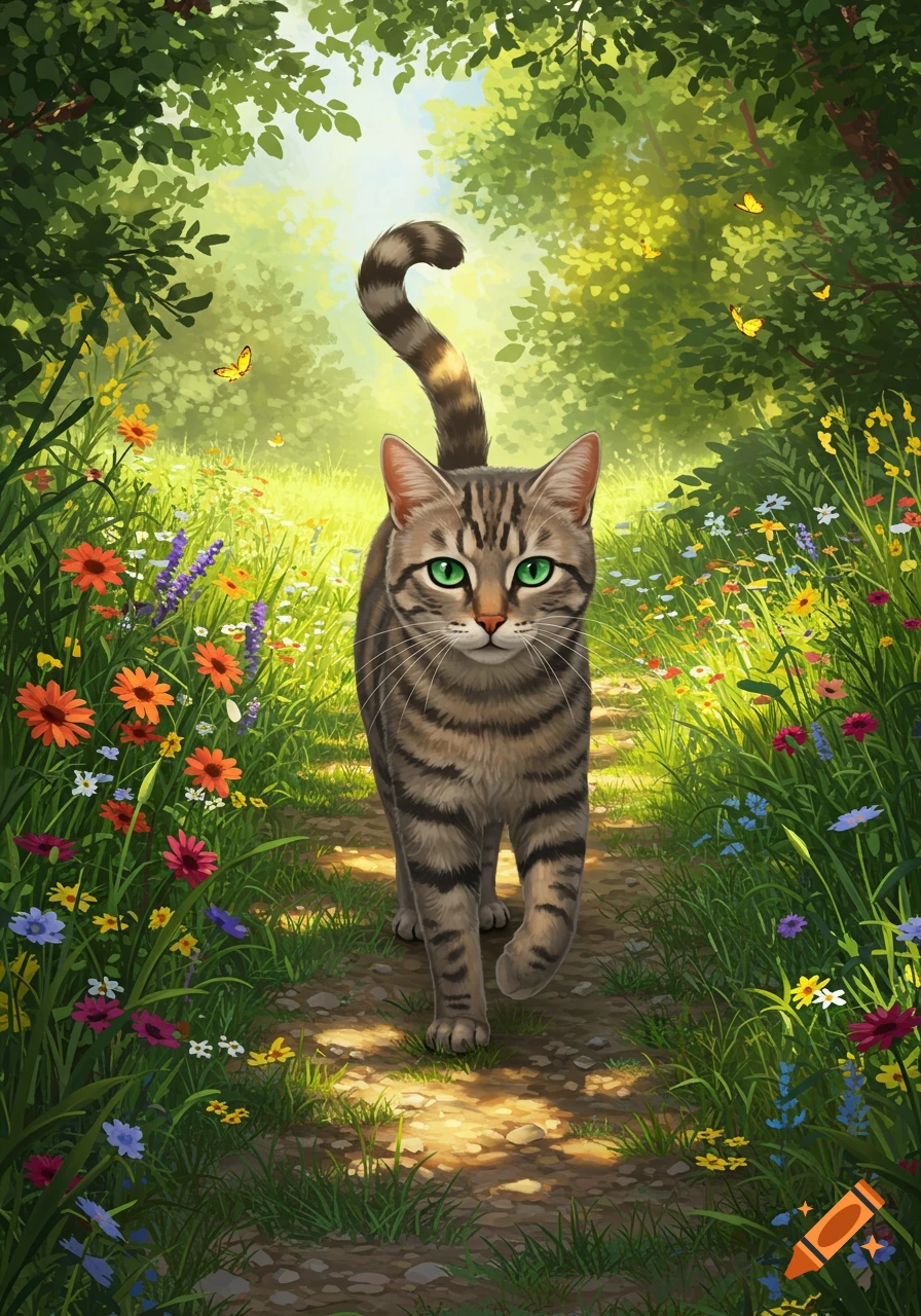 An illustrated tabby cat with green eyes walks on a sunlit dirt path through a field of colorful wildflowers and green trees.