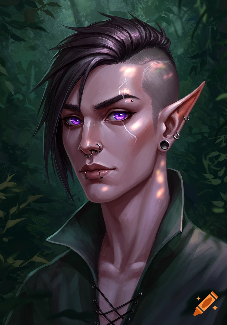 Close-up portrait of an elf with purple eyes, shaved dark hair, pointed ears with piercings, and a septum piercing, against a forest background.