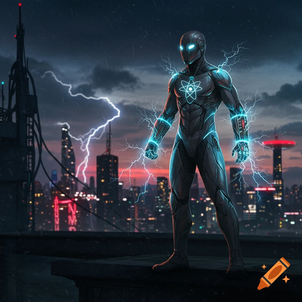 A dark, armored superhero with glowing blue energy stands on a rooftop overlooking a rainy, lightning-struck cityscape at dusk.