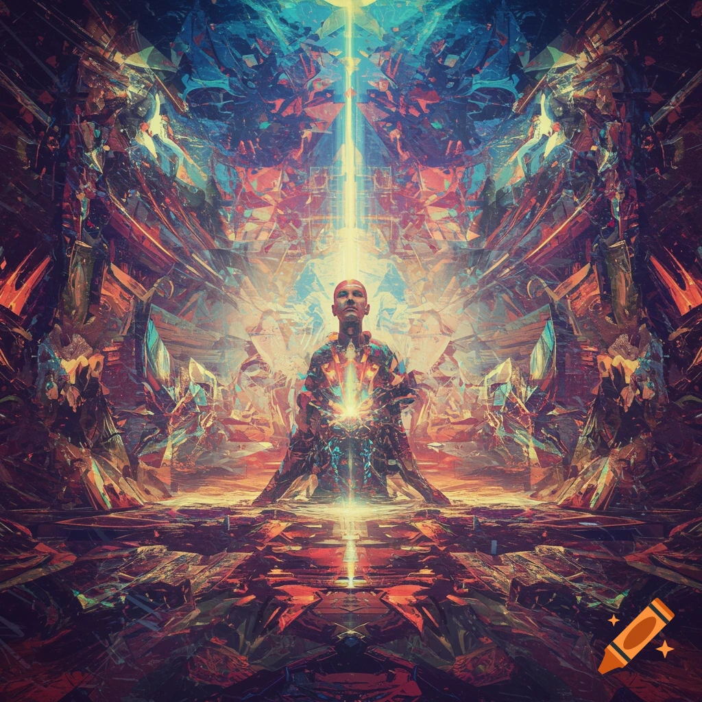 A bald figure meditates amidst a symmetrical, vibrant, abstract fractal landscape with a central glowing light beam, digital art.