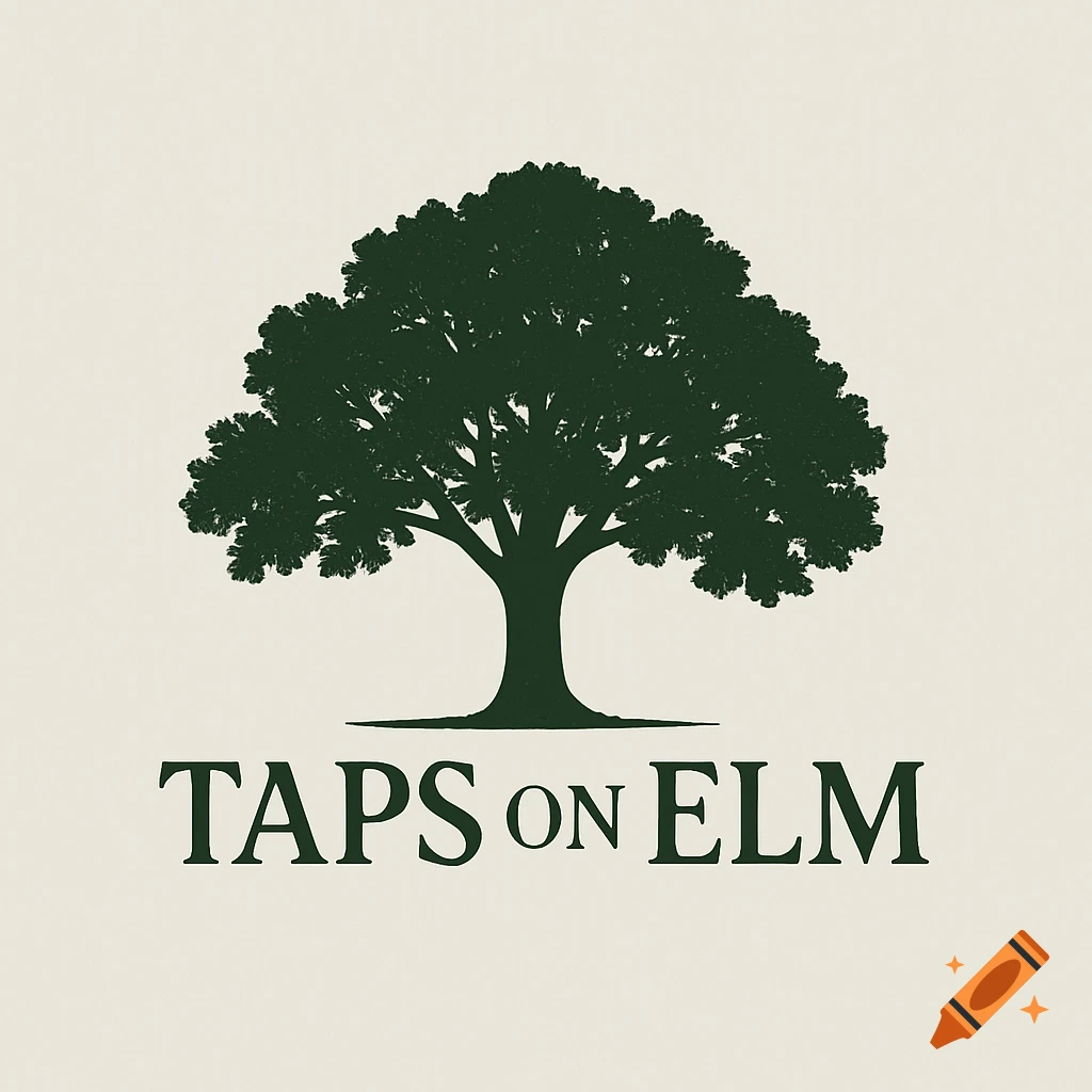 A logo featuring a dark green silhouette of a large, leafy tree above the text 'TAPS ON ELM' on an off-white background.