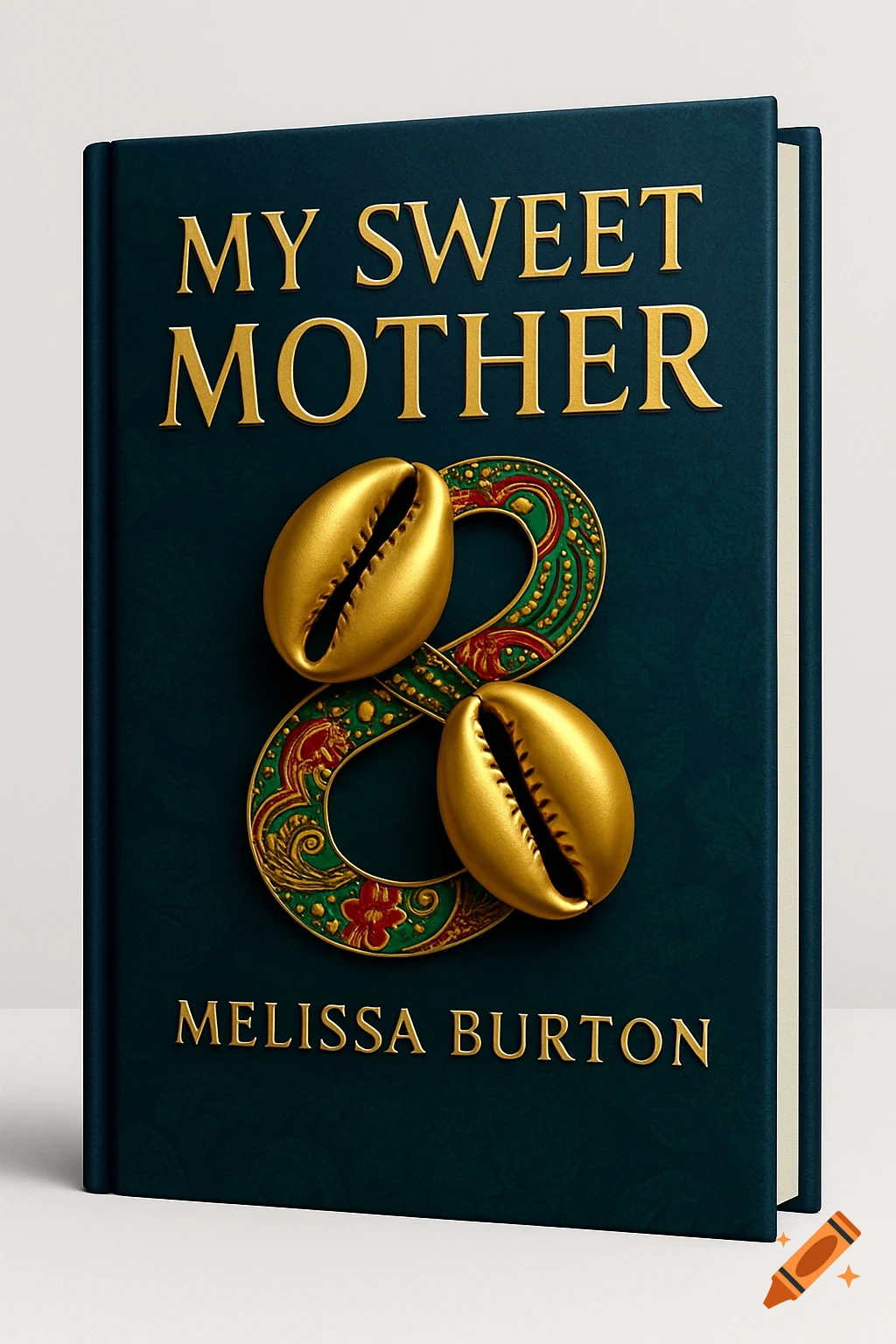 A dark teal eBook cover for 'MY SWEET MOTHER' by Melissa Burton, featuring golden cowrie shells and an ornate number 8.