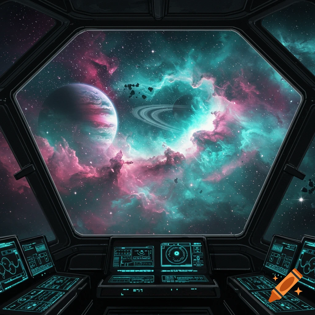 View from a spaceship cockpit looking out into a vibrant pink and teal nebula with a ringed planet and asteroids.