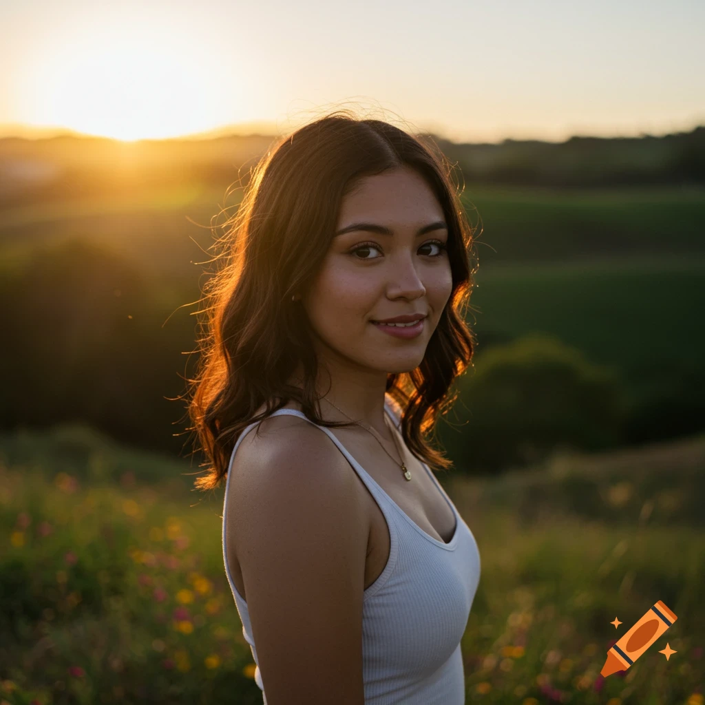 A smiling young woman with brown hair stands in a field of wildflowers, backlit by a golden sunset.