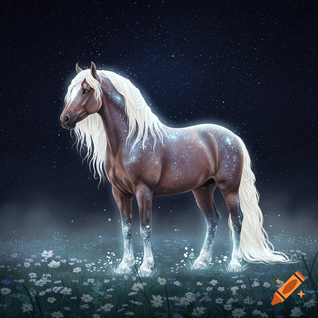 A glowing brown horse with a white mane stands in a field of small white flowers under a starry night sky.