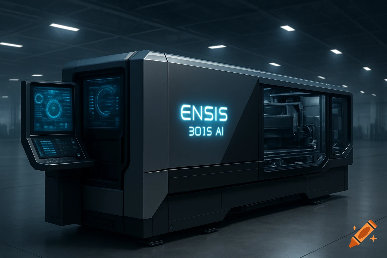 A sleek, dark futuristic industrial machine with blue glowing text "ENSIS 3015 AI" on its side and a control panel with blue screens showing digital data.