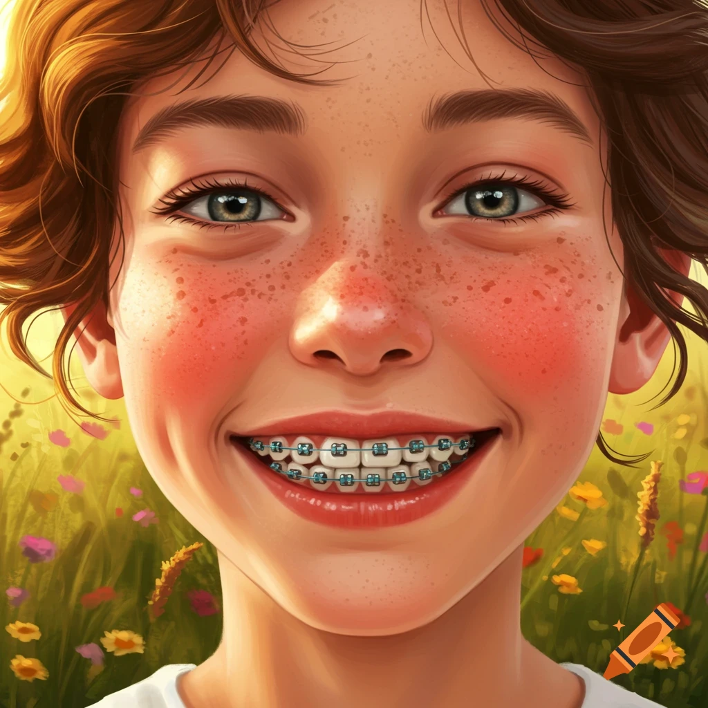 Close-up illustration of a smiling child with red hair, freckles, and braces in a sunny meadow with flowers.