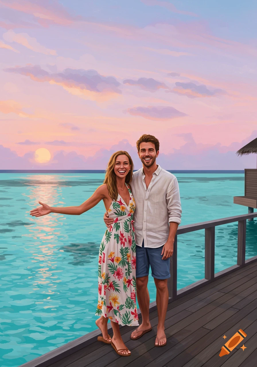 Happy couple on a wooden pier over turquoise water with a sunset sky, illustration.