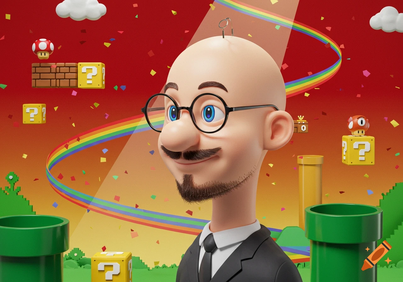 A stylized 3D render of a bald man with a goatee and glasses, smiling in a Super Mario Bros. themed landscape with question blocks, mushrooms, and pipes under a rainbow.