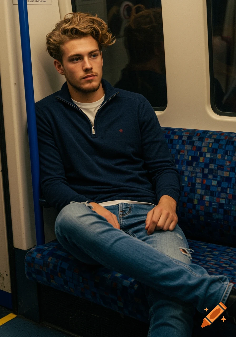A young man with wavy blonde hair in a navy sweater and ripped jeans sits thoughtfully on a London Underground train, photorealistic.