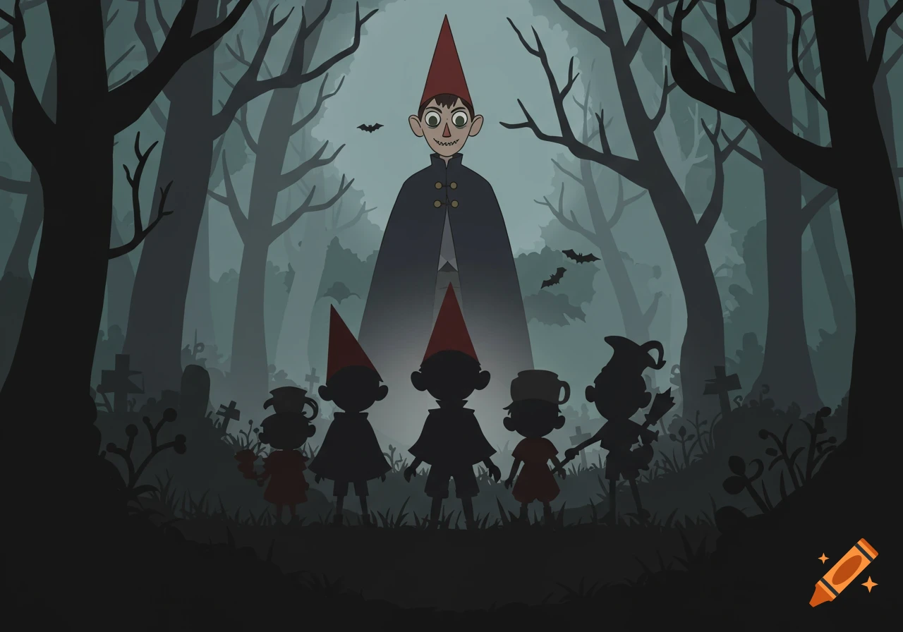 Cartoon illustration of Over the Garden Wall characters as dark silhouettes in a spooky forest, with the Beast towering in the background.