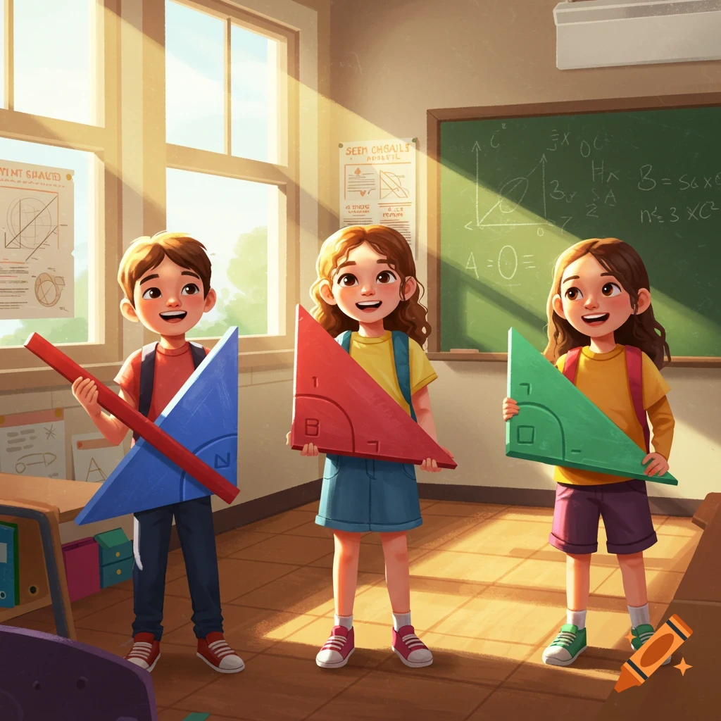 Three cartoon children in a sunlit classroom happily hold large red, blue, and green geometric angle shapes.