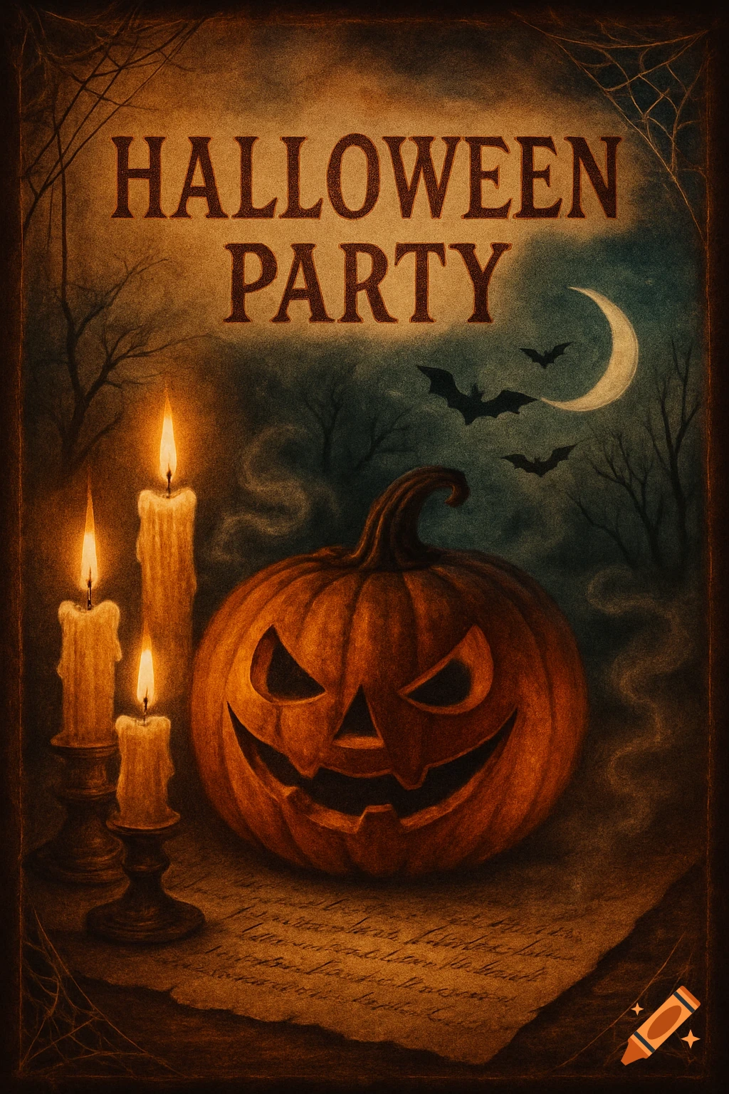 Vintage Halloween party invitation with a jack-o'-lantern, candles, bats, and a crescent moon under text 'HALLOWEEN PARTY'.