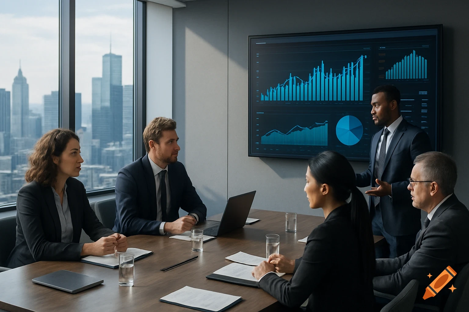 Professionals in suits discuss data analytics on a large screen during a meeting in a modern office with a city skyline view.