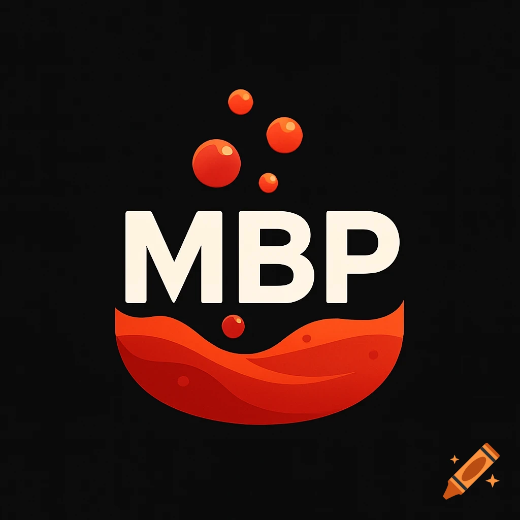 Stylized logo with white letters MBP over a red liquid wave, surrounded by red bubbles on a black background.