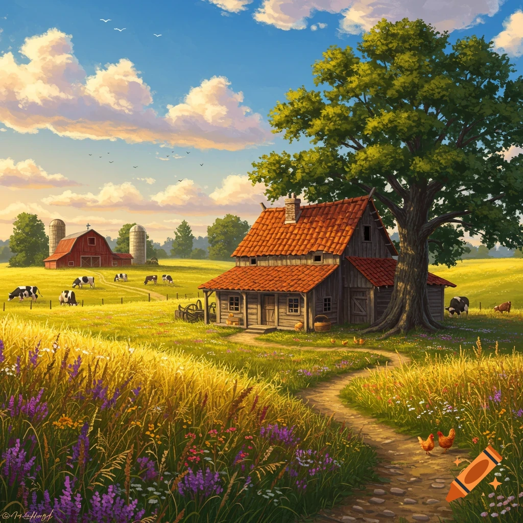 A vibrant illustration of a rustic farmstead with a wooden house, red barn, cows, and chickens in a lush green field under a blue sky.