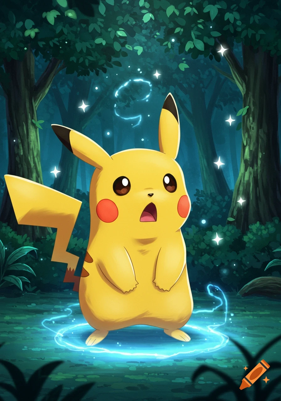 A surprised Pikachu stands in a dark, glowing forest, surrounded by blue energy and sparkling lights.