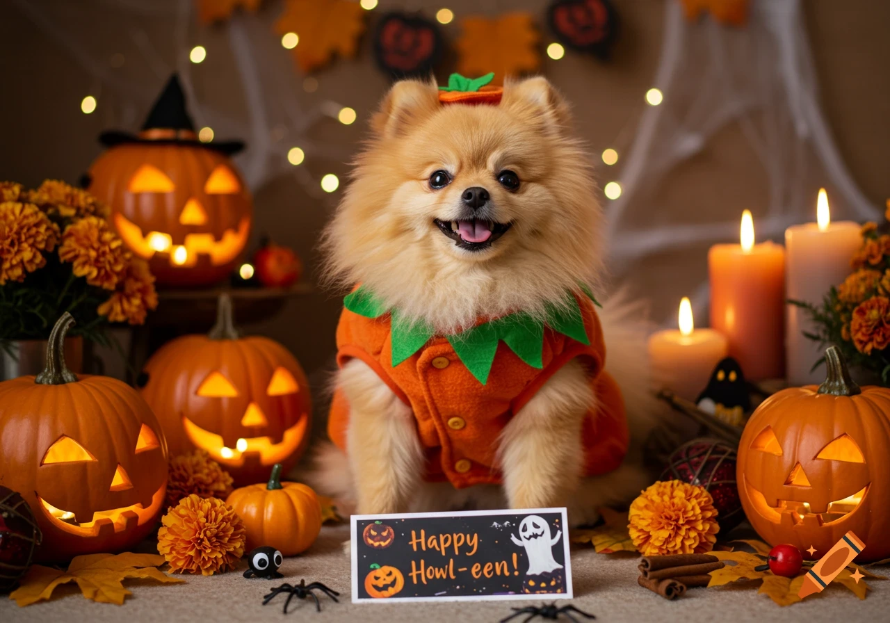 A fluffy Pomeranian dog in a pumpkin costume smiles, sitting among lit Halloween pumpkins, candles, and autumn decorations, with a "Happy Howl-een!" sign.