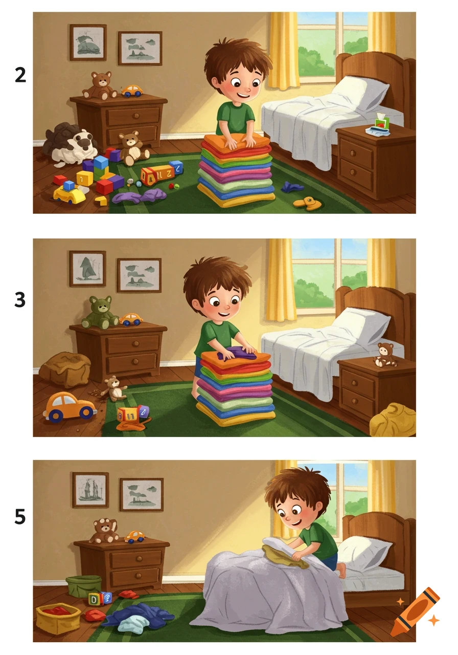 A three-panel illustration shows a young boy cleaning his room. First, he folds a stack of colorful clothes. Next, he continues folding. Lastly, he makes his bed.