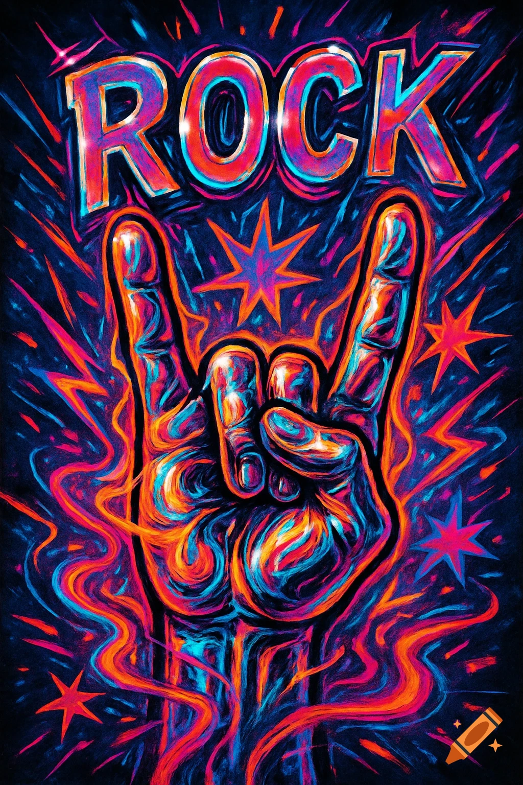 Vibrant, psychedelic art style depicting a rock-and-roll hand gesture with the word 'ROCK' above it, surrounded by colorful abstract energy.