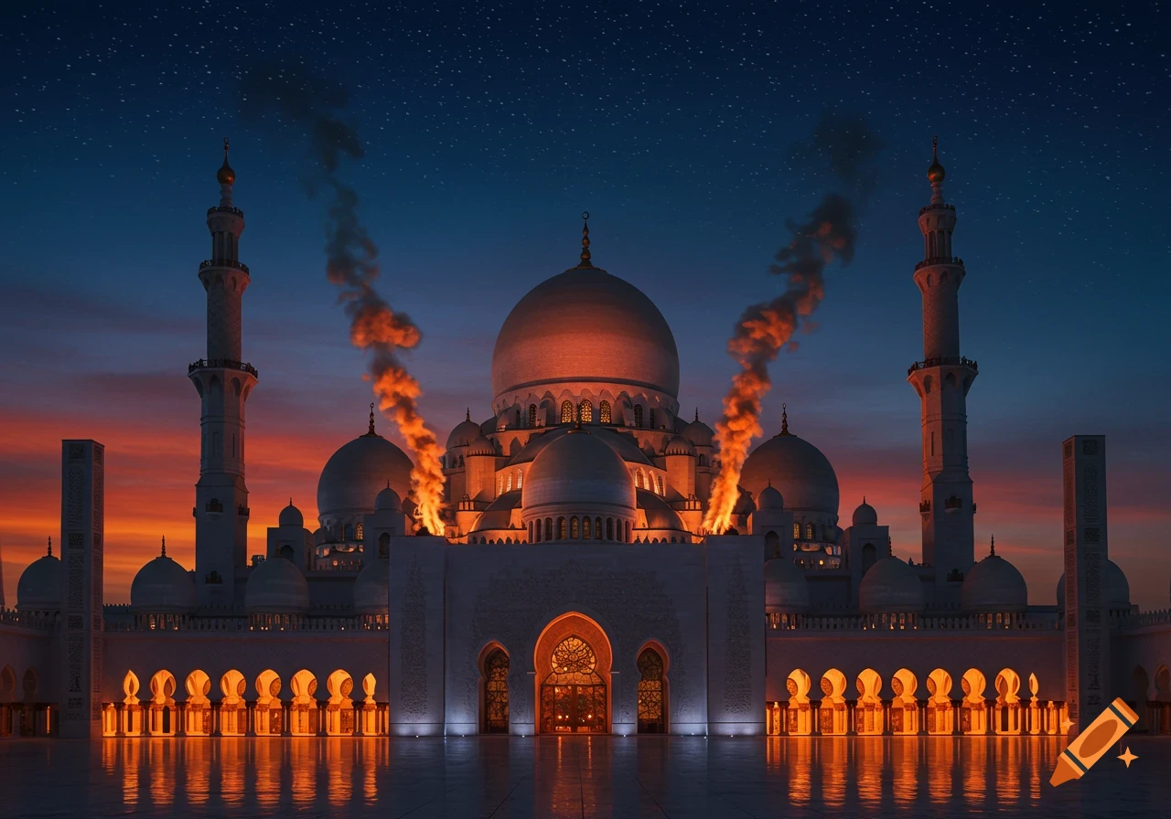 A grand mosque at dusk with illuminated domes and minarets, dramatic orange smoke rising from multiple points, against a starry sky.
