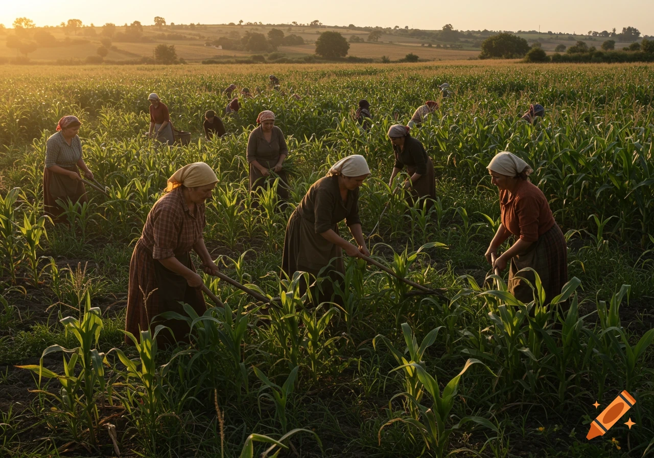 Women in headscarves and work clothes cultivate a cornfield at sunset in a rural landscape.