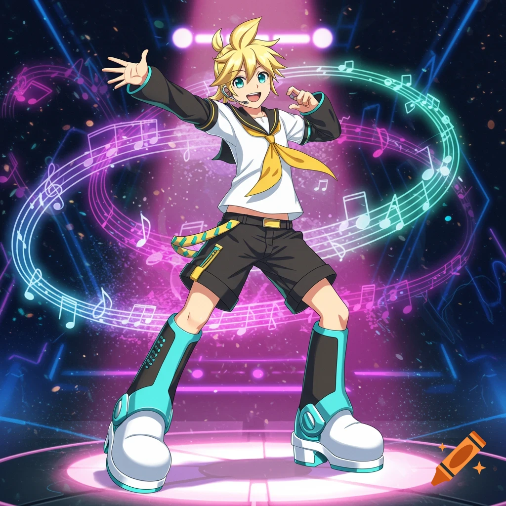 Anime-style Kagamine Len singing on a glowing stage surrounded by neon musical notes.
