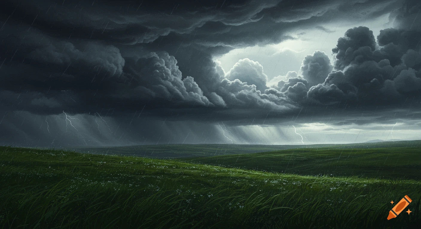 Dark storm clouds with lightning and rain over green rolling hills.