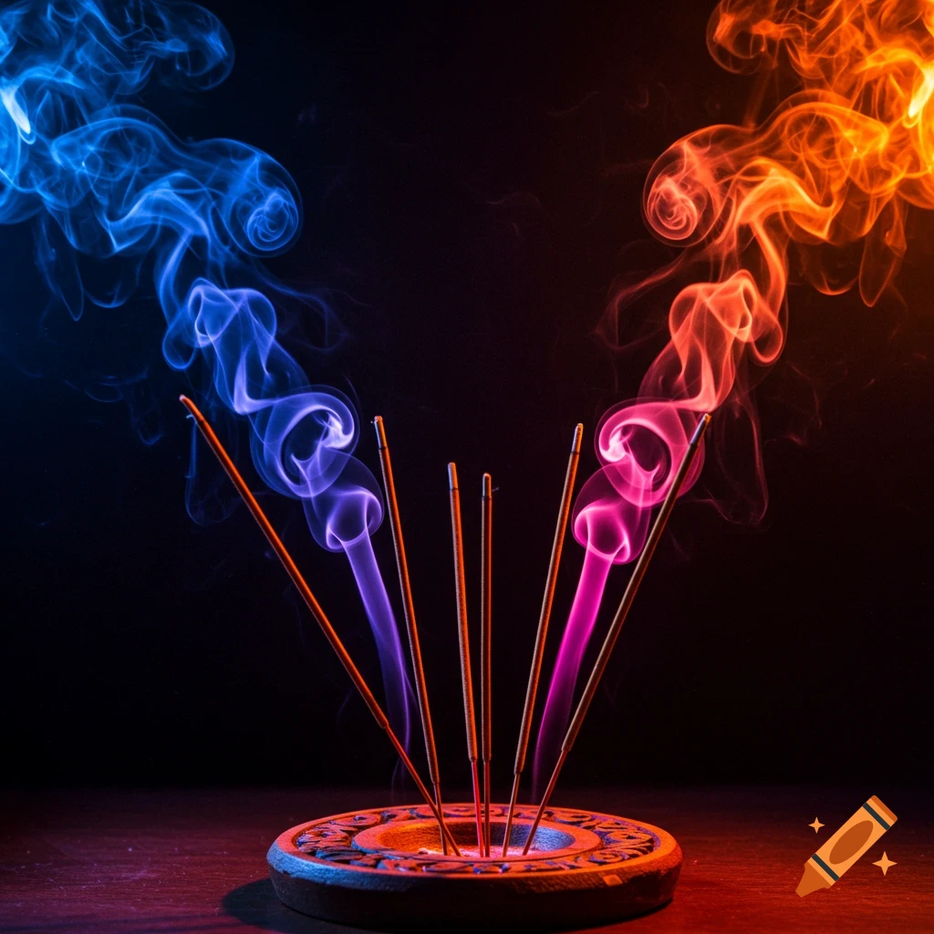 Several burning incense sticks emit colorful blue, purple, pink, and orange smoke against a dark background, resting in a decorative holder.