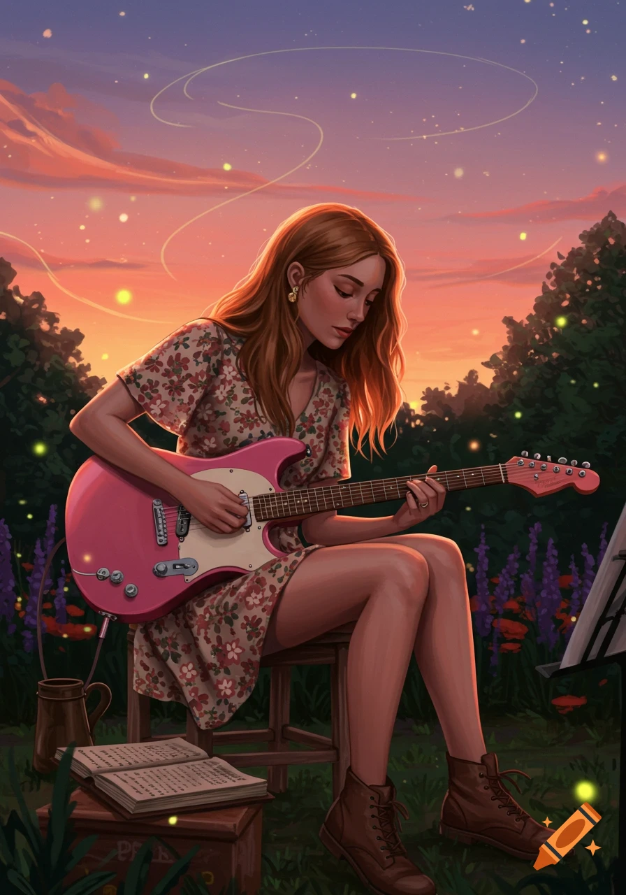 An illustration of a woman playing a pink electric guitar outdoors at sunset, surrounded by fireflies, with an open sheet music book.