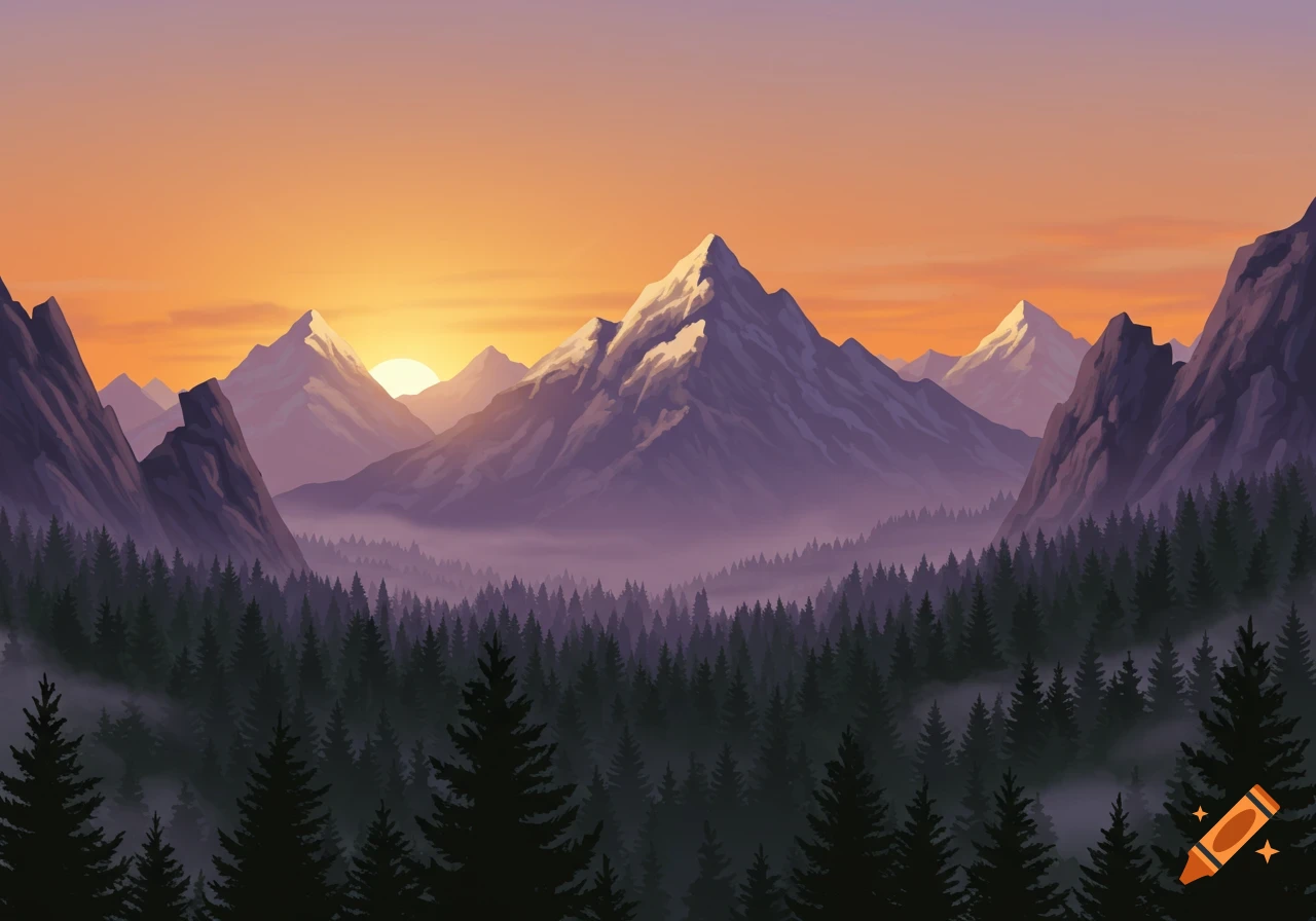 Stylized landscape of snow-capped mountains and a pine forest at sunset with an orange and purple sky.