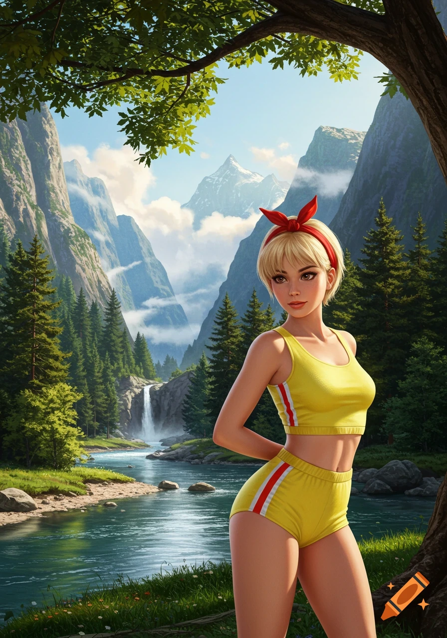Blonde woman in yellow athletic outfit with red headband by a mountain stream, waterfall, and forests under a clear sky. Photorealistic.