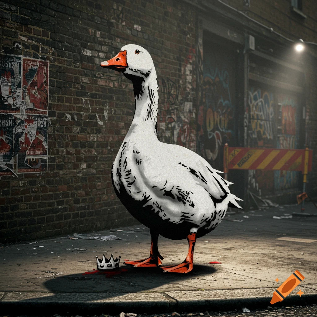 A large white goose with black markings in a Banksy-like stencil style stands on a gritty city street next to a small crown with red splatters, with brick walls covered in posters and graffiti in the background.