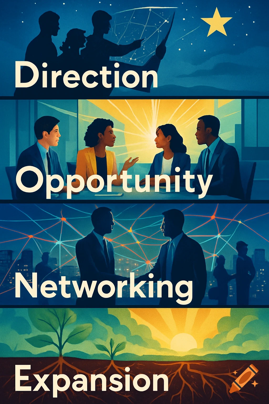 A four-panel illustration with words: Direction (people under a star), Opportunity (people talking), Networking (men shaking hands), Expansion (plants and roots).