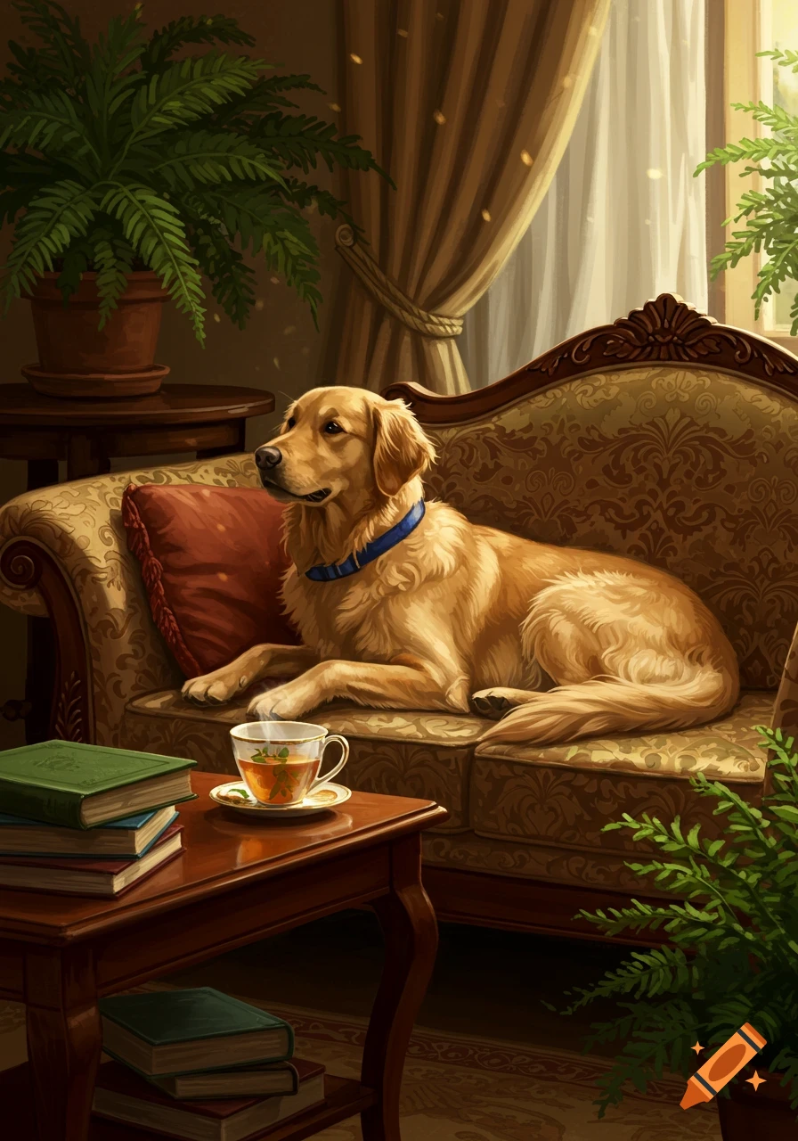 A relaxed Golden Retriever dog with a blue collar rests on an ornate gold sofa in a cozy, sunlit living room with books and plants.