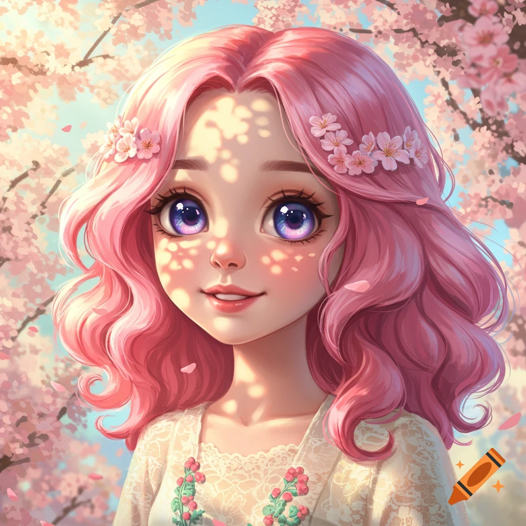 Cute anime girl with pink hair and purple eyes smiles in a cherry blossom garden with dappled sunlight.