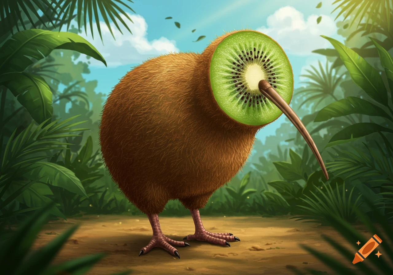 A fluffy brown kiwi bird with a kiwi fruit slice for a head and a long beak, standing in a lush jungle.