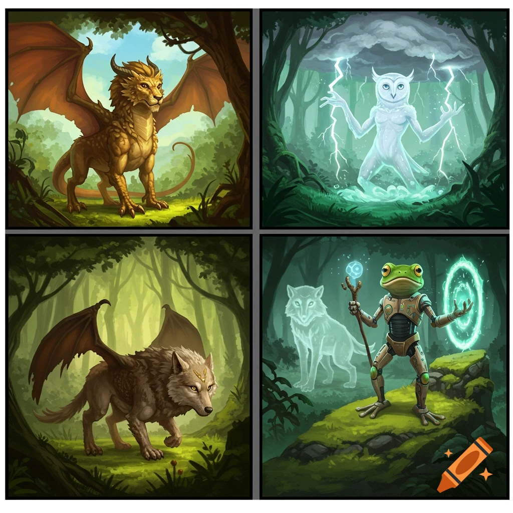 Four square illustrations of magical creatures in a forest. Top left: a golden winged lion-dragon. Top right: a white, ghostly owl-humanoid with lightning. Bottom left: a winged wolf. Bottom right: a frog-headed robot with a staff, a ghostly wolf, and a glowing portal.